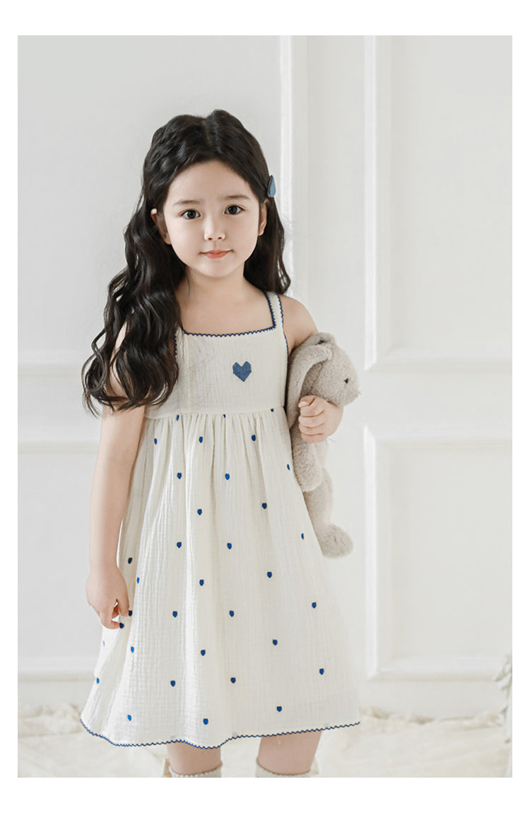 Baby Girl Muslin Strap Dress, Heart Embroidery