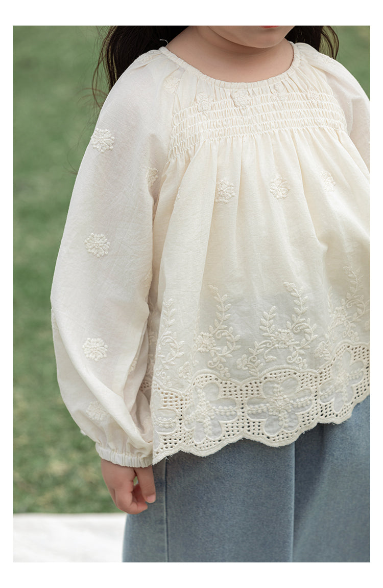 Girls Floral Embroidered Broderie Blouse, Ivory