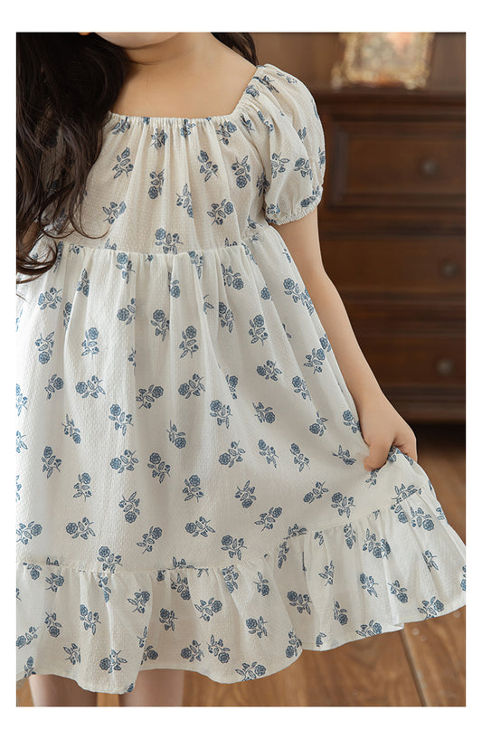 Baby Girl Square Neck Ruffle Hem Dress, Blue Floral