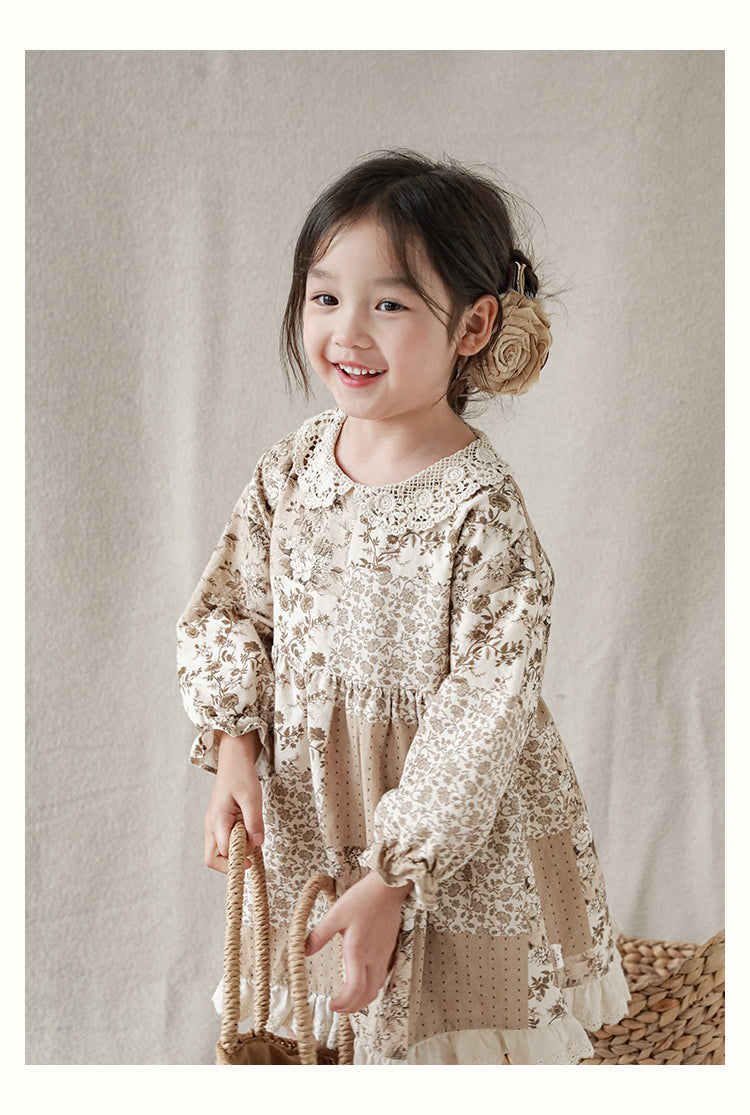 Girls Lace Detail Patchwork Dress, Cocoa Floral