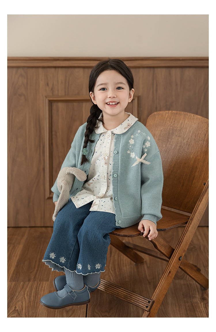 Girls Bunny Floral Button-Down Blouse, Ivory