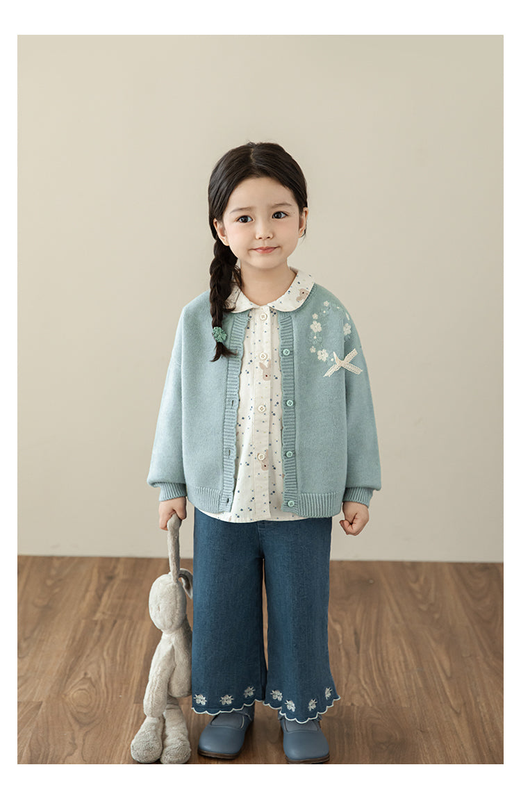 Girls Bunny Floral Button-Down Blouse, Ivory