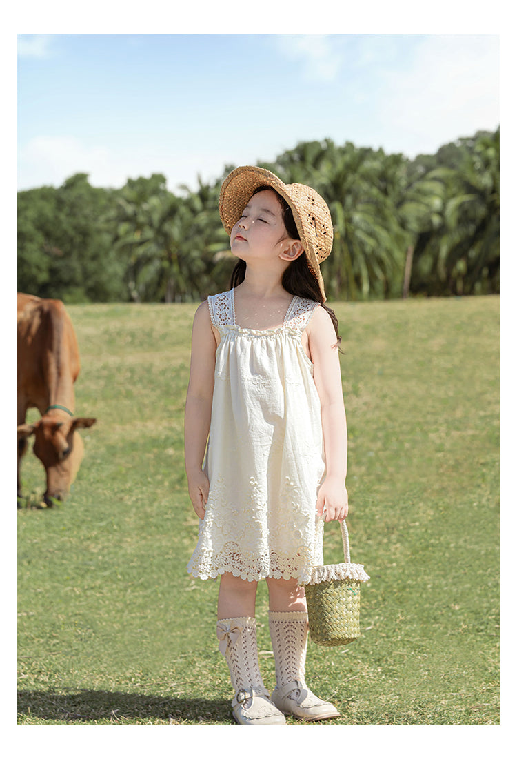 Girls Floral Embroidered Broderie Strap Dress, Ivory