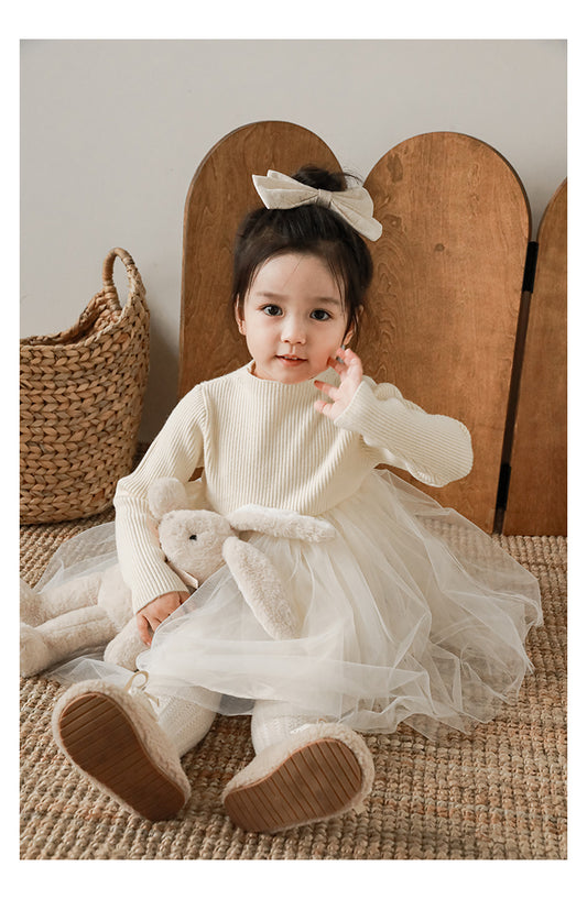 Girls Ribbed Cotton Chiffon Tulle Dress, Cream