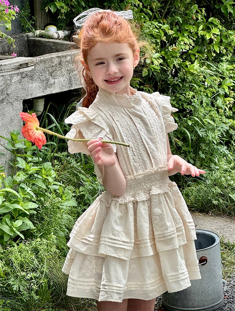 Girls Floral Embroidered Tiered Dress, Ivory