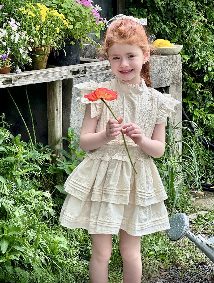 Girls Floral Embroidered Tiered Dress, Ivory