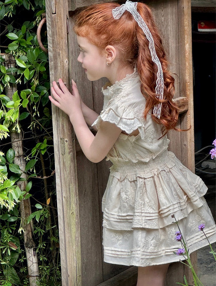 Girls Floral Embroidered Tiered Dress, Ivory