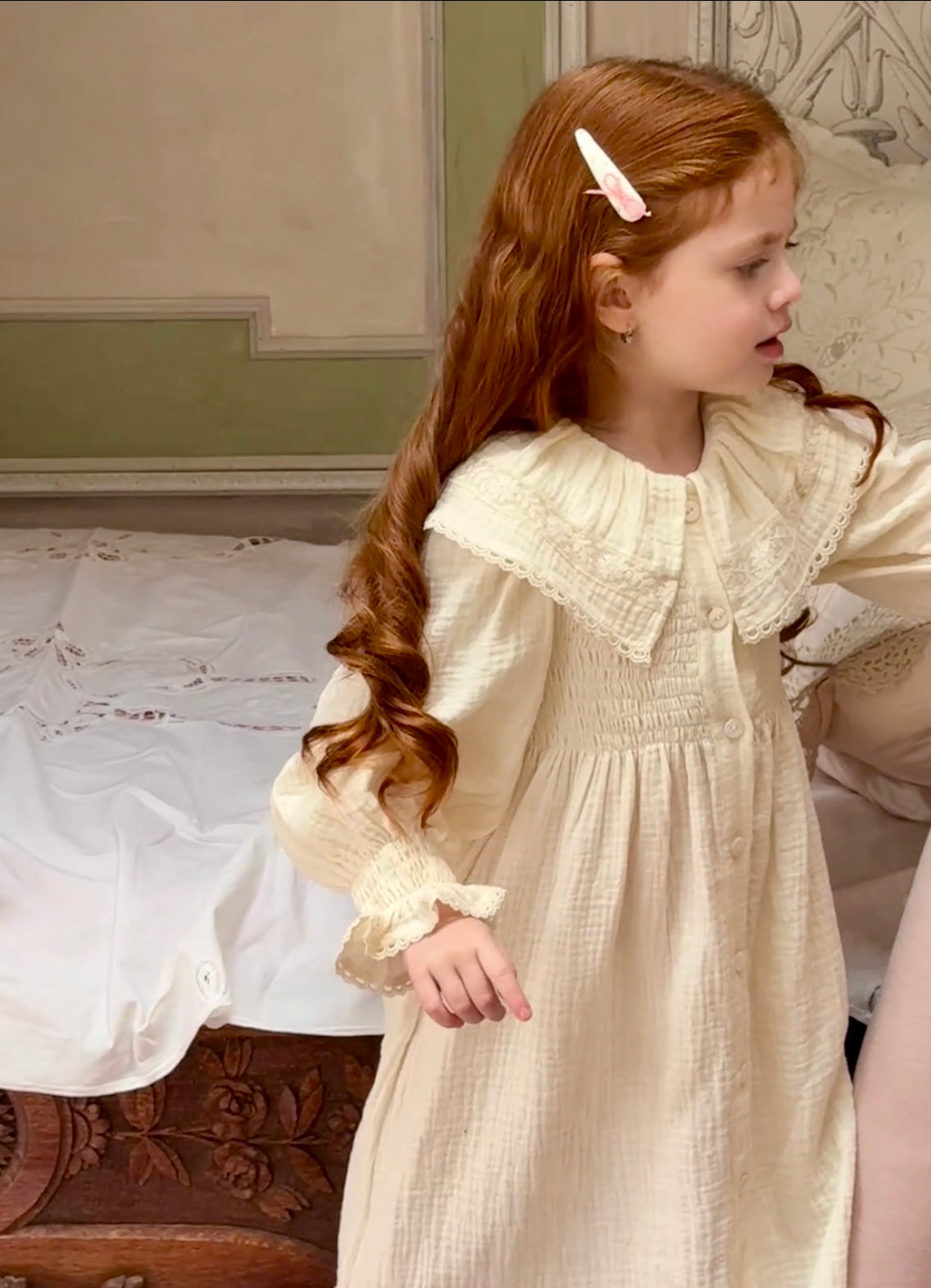 Girls Lace Collar Smocked Muslin Dress, Ivory