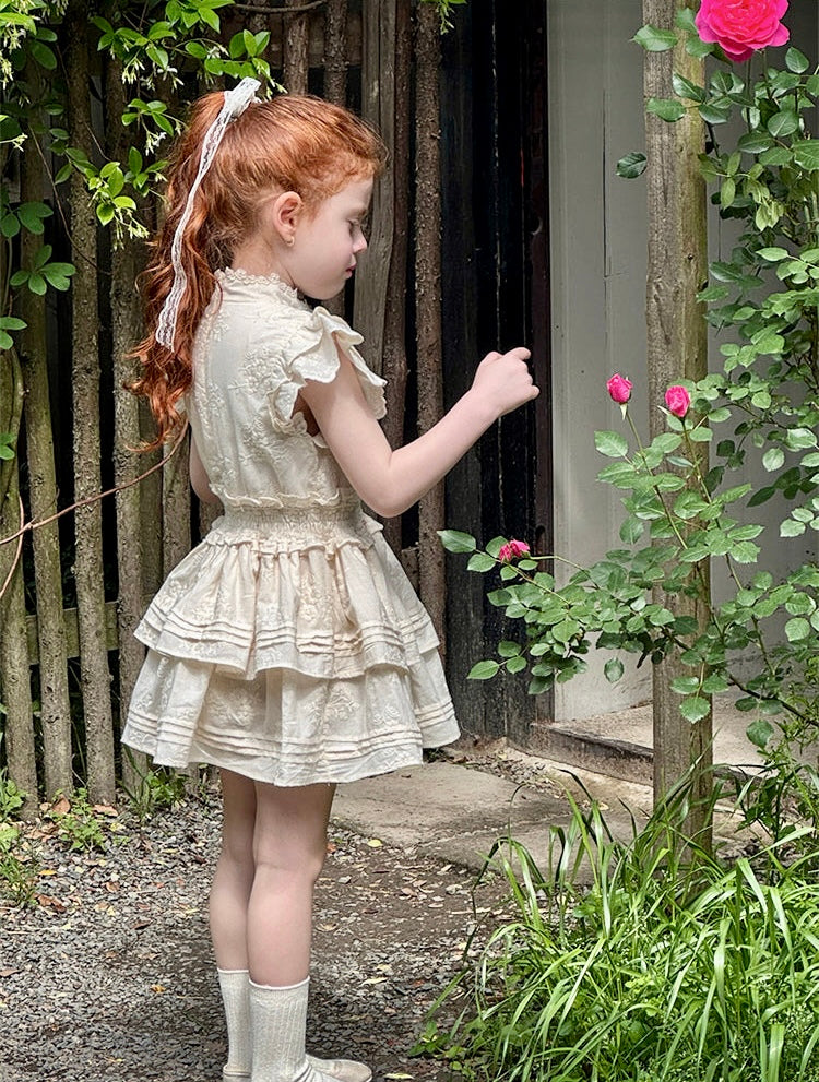 Girls Floral Embroidered Tiered Dress, Ivory
