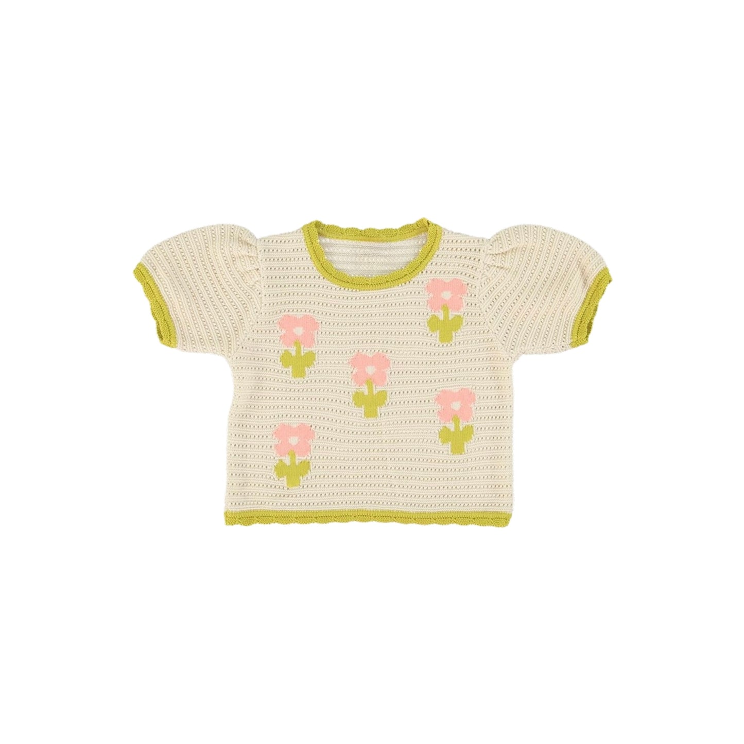 Girls Crochet Knit Top & Shorts Set, Cream & Olive