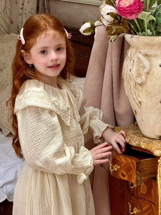 Girls Lace Collar Smocked Muslin Dress, Ivory