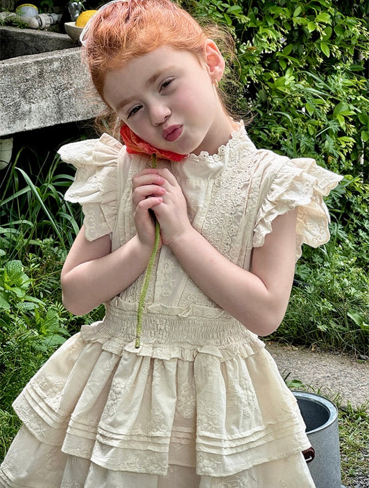 Girls Floral Embroidered Tiered Dress, Ivory
