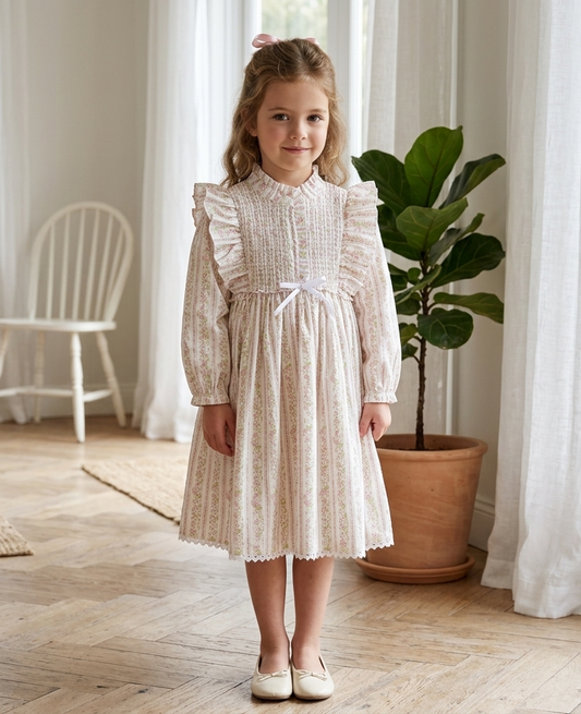 Rosalie Ruffled Smock Dress, Pink Floral Stripe