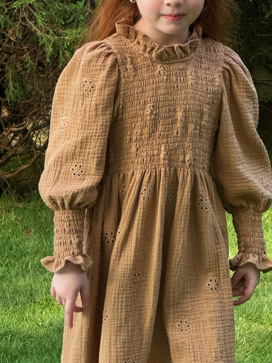 Girls Broderie Muslin Smocked Dress, Caramel