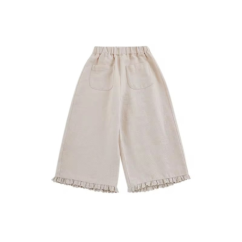 Girls linen cotton blend trousers with ruffled lace hem and front pockets