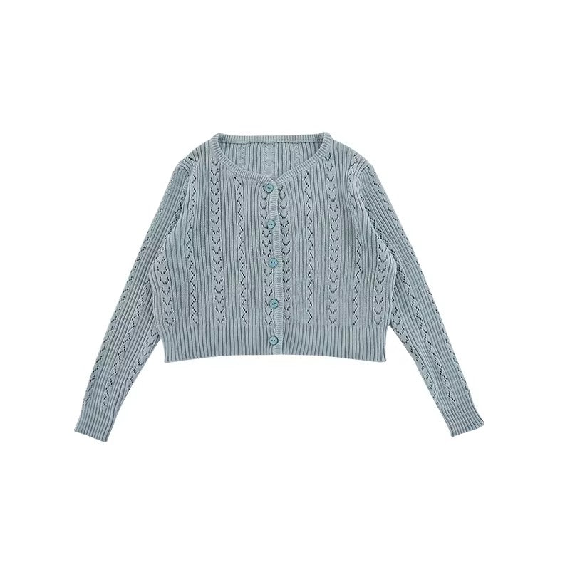 Girls cropped pointelle knit cardigan with ribbed texture in blue