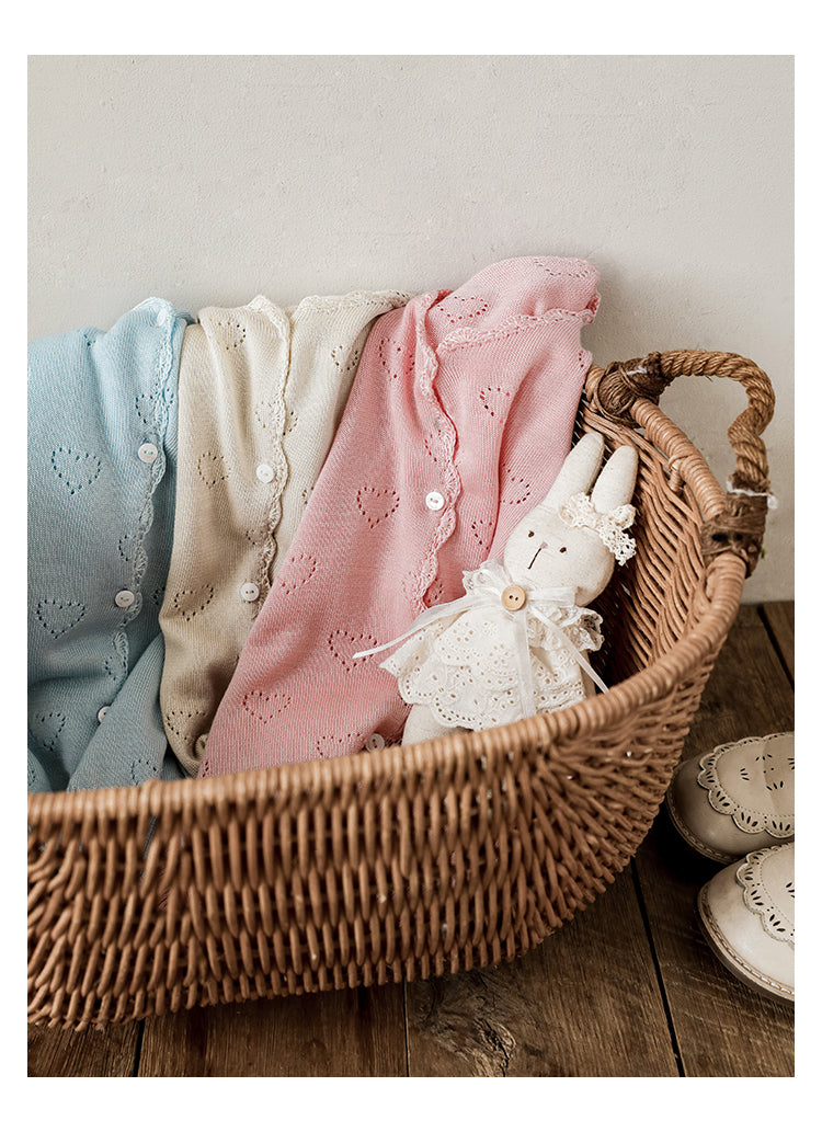 Girls Heart Pointelle Silky Soft Cardigan, Powder Blue