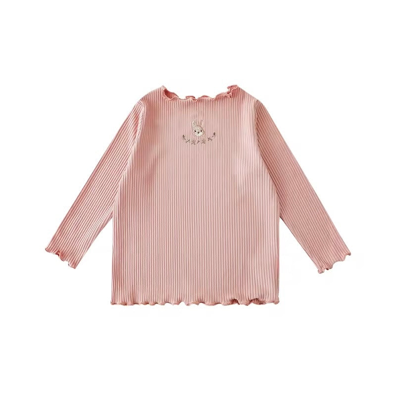 Baby Girl Bunny Embroidered Ribbed Top, Dusty Pink