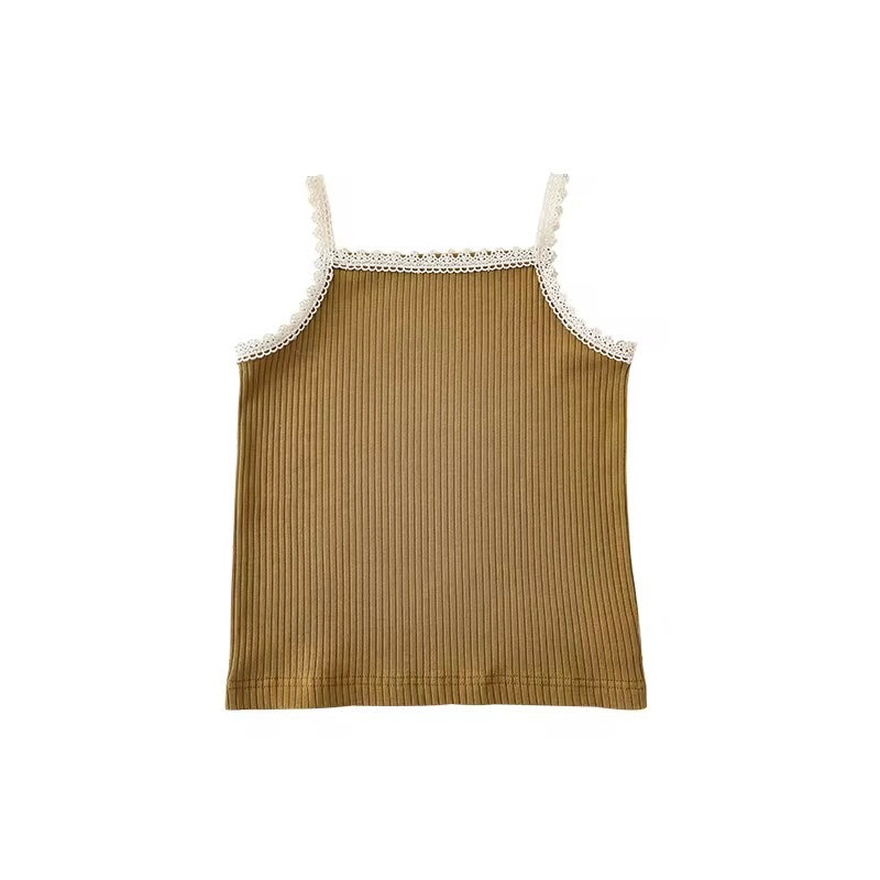 Girls Lace Trim Ribbed Strap Top, Khaki