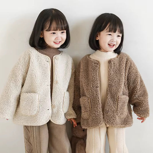 Girls Faux Shearling Teddy Coat, Cacao Brown