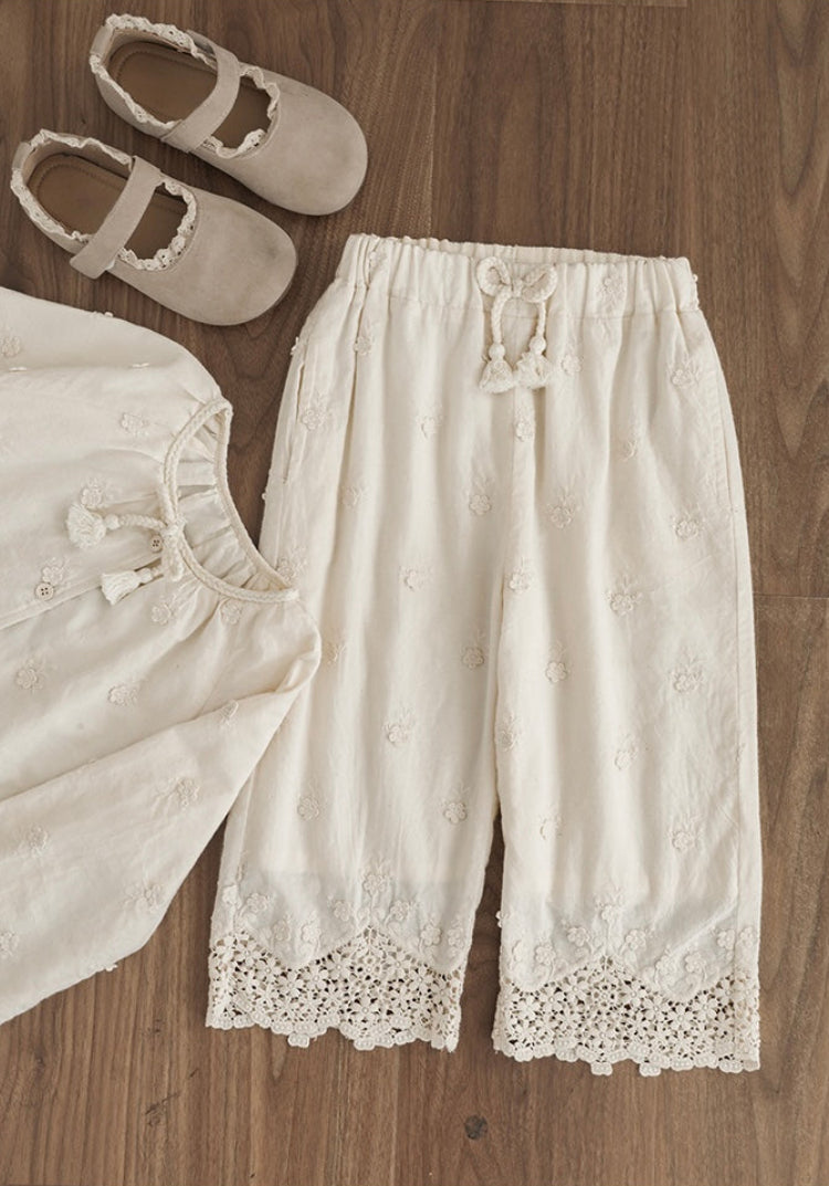 Floral Embroidered Trousers, Ivory