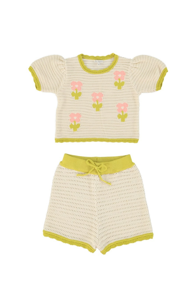 Girls Crochet Knit Top & Shorts Set, Cream & Olive