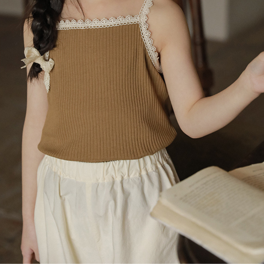 girls summer strap top, ribbed and lace details, in khaki, by Ava & Bear London