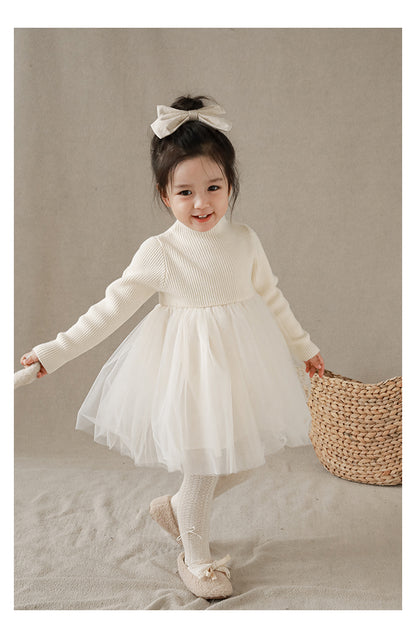 Girls Ribbed Cotton Chiffon Tulle Dress, Cream