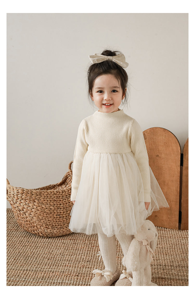 Girls Ribbed Cotton Chiffon Tulle Dress, Cream