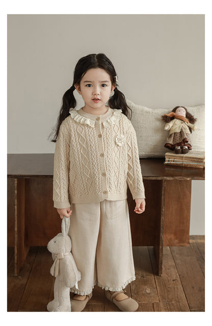 Girls Linen Blend Trousers with Ruffled Lace Hem, Oat