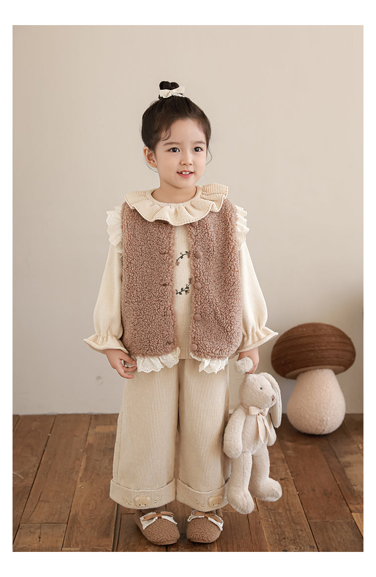 Girls Lace Trim Faux Shearling Teddy Vest, Latte