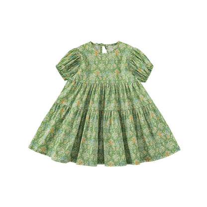 Front view of girls summer green floral dress with puff sleeves