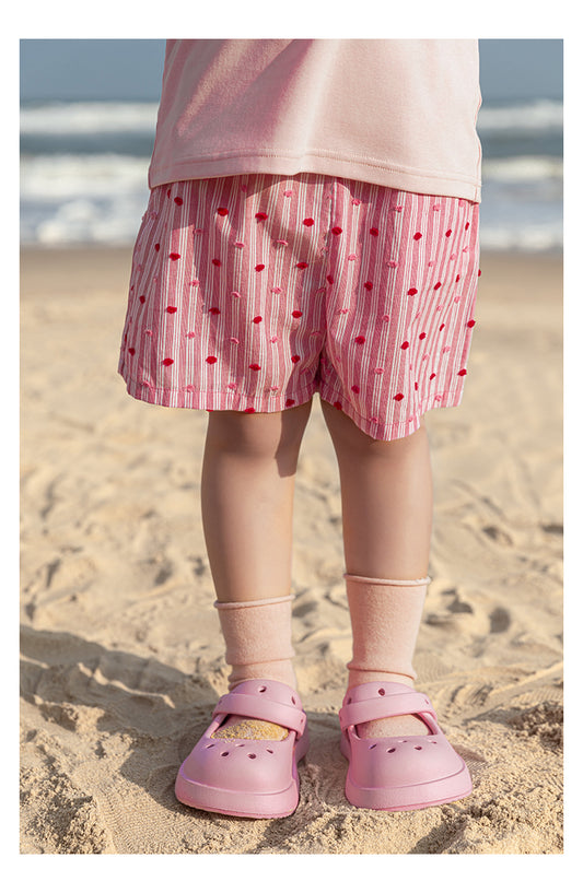 Ava & Bear London girls' summer shorts – pink striped with playful dots