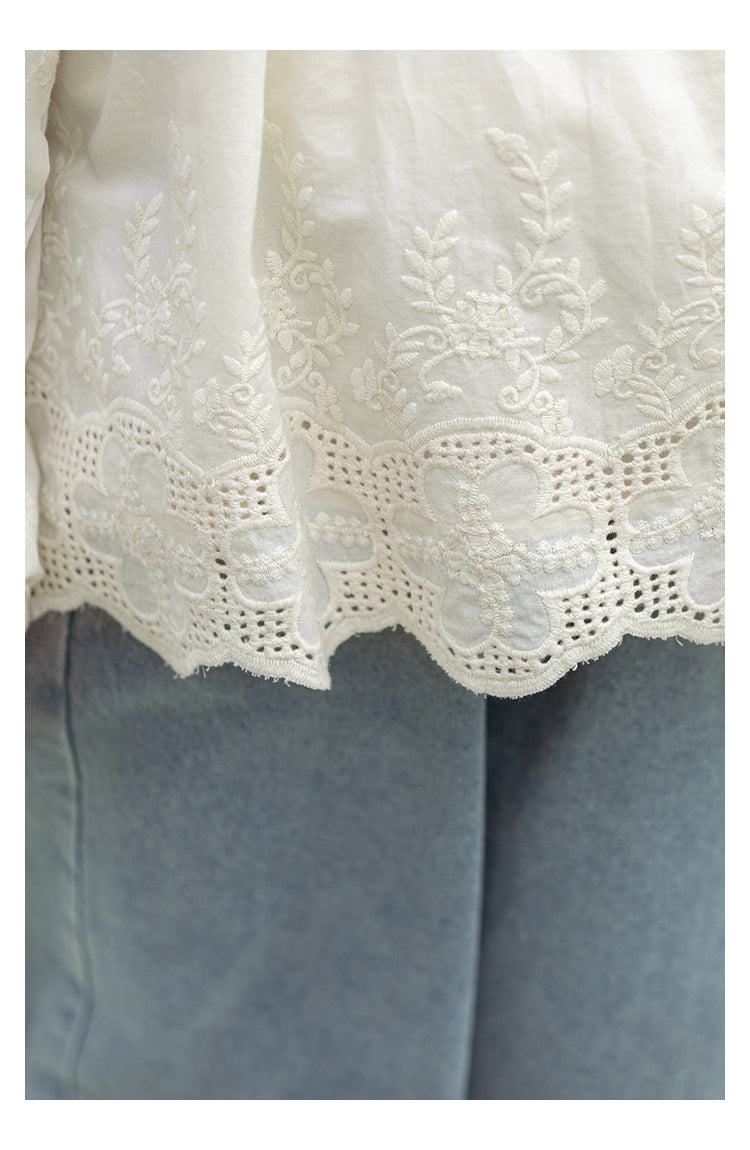 Girls Floral Embroidered Broderie Blouse, Ivory
