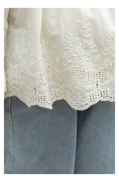 Girls Floral Embroidered Broderie Blouse, Ivory