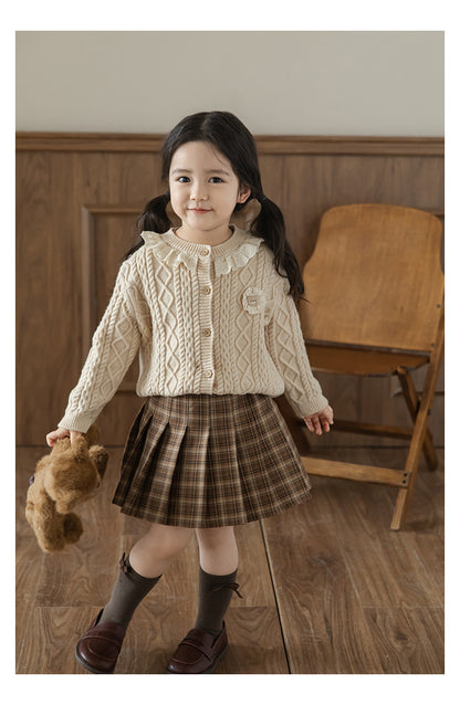 Baby Girl Bear Patch Lace Detail Cardigan, Oat