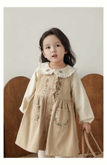 Girls Floral Embroidered Button-Front Dress, Beige