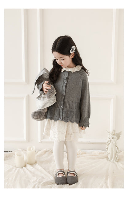 Girls Scalloped Textured Knit Cardigan, Medium Grey