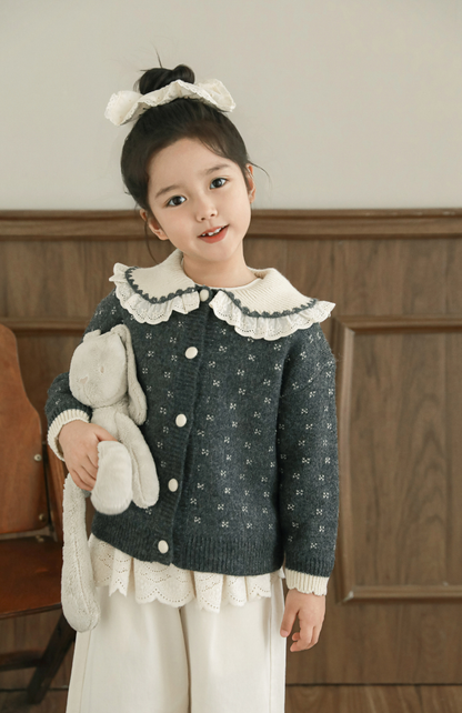 Girls Lace Collar Knit Cardigan, Grey Floral