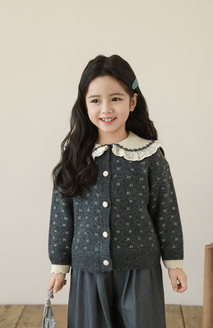 Girls Lace Collar Knit Cardigan, Grey Floral