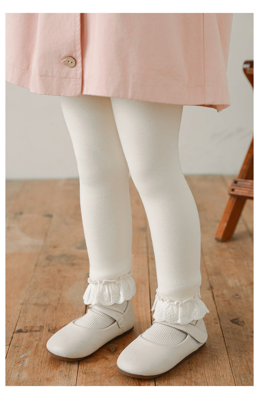 Girls Lace-Trim Cotton Leggings, Ivory
