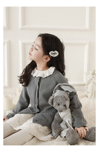 Girls Scalloped Textured Knit Cardigan, Medium Grey
