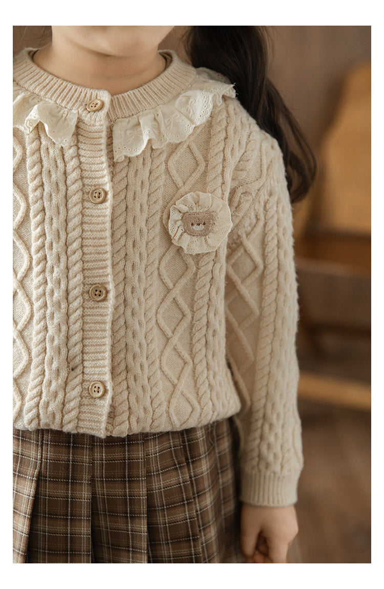 Baby Girl Bear Patch Lace Detail Cardigan, Oat