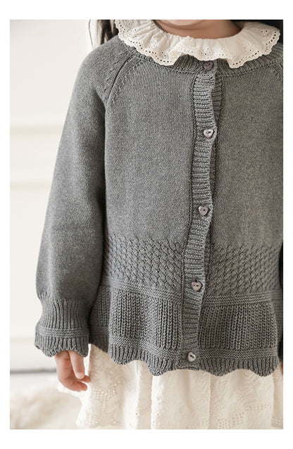 Girls Scalloped Textured Knit Cardigan, Medium Grey