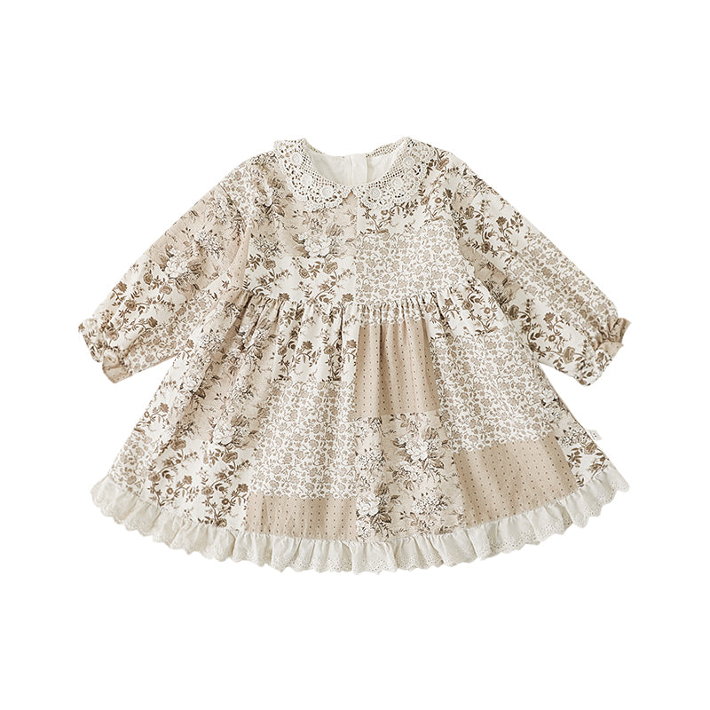 Girls Lace Detail Patchwork Dress, Cocoa Floral