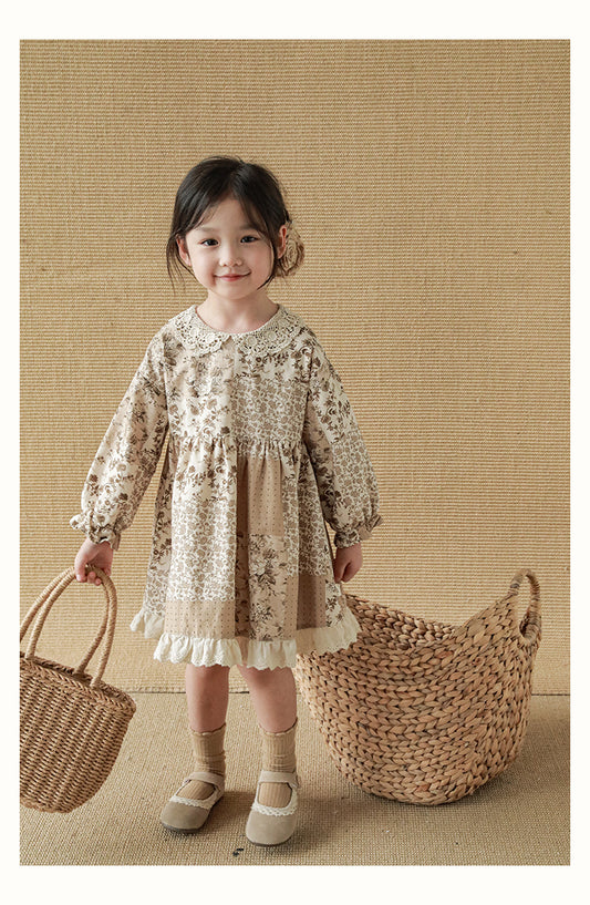 Girls Lace Detail Patchwork Dress, Cocoa Floral