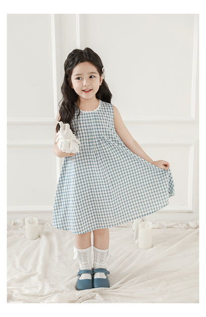 Girls Lace Trim Pleated Dress, Blue Gingham