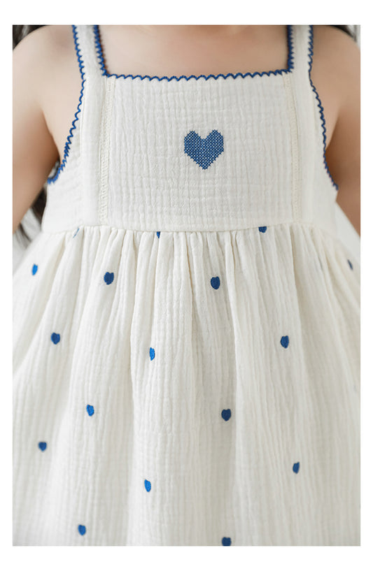Baby Girl Muslin Strap Dress, Heart Embroidery