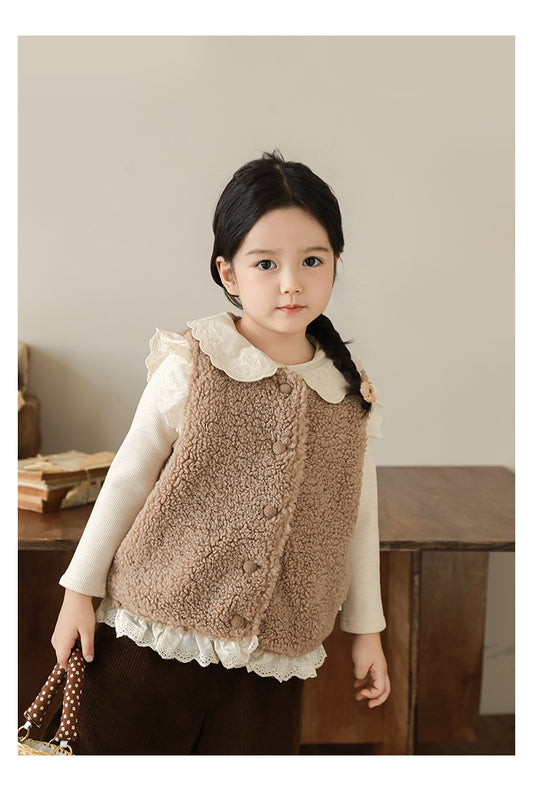 Girls Lace Trim Faux Shearling Teddy Vest, Latte