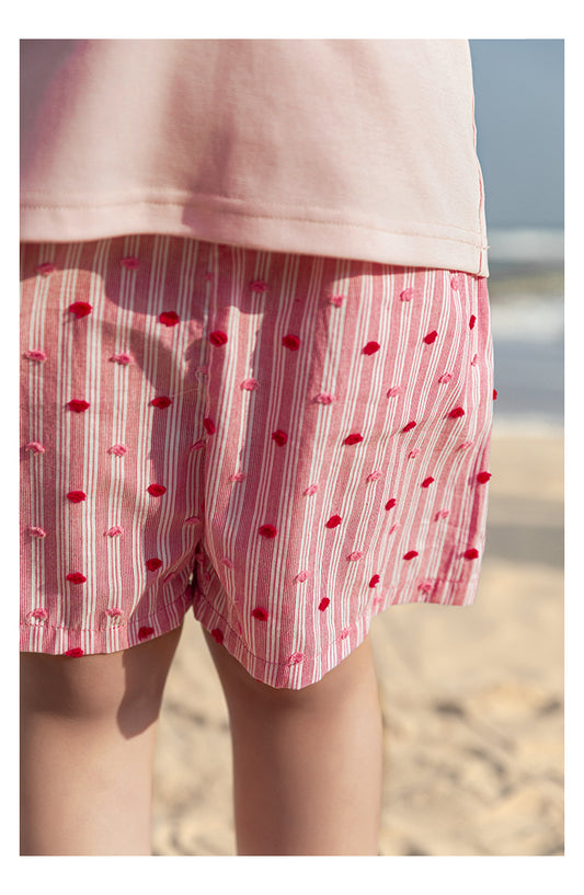 Lightweight girls summer shorts in pink stripe and dot pattern – Ava & Bear London